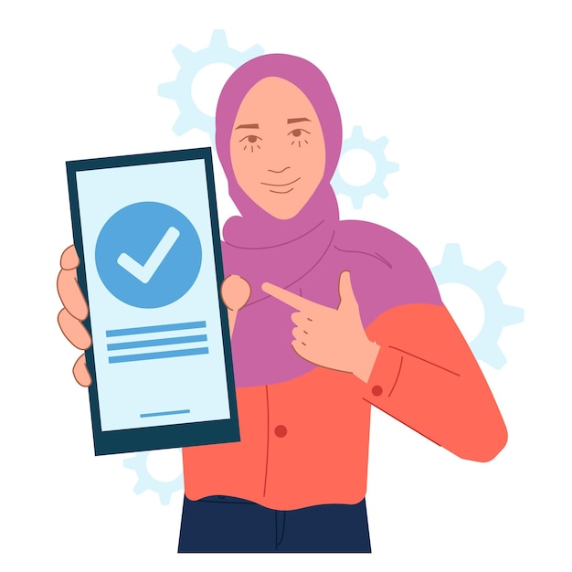 A hijab woman shows a phone and check approved in flat illustration