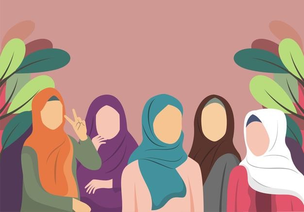 Hijab donna con gli amici design piatto vettoriale e illustrazione