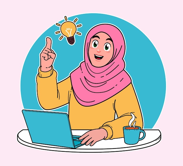 Donna hijab che lavora su un computer portatile completando e completando le attività una tazza di caffè caldo