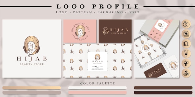 Vector hijab women logo with pattern and packaging mockup