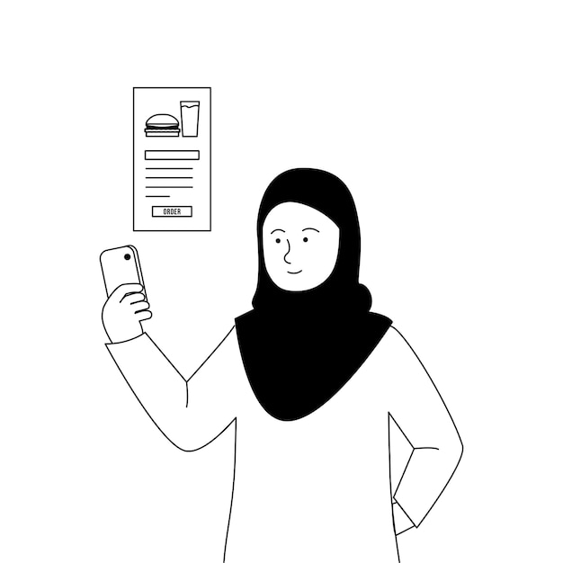 스마트 폰 앱으로 온라인 음식을 주문하는 Hijab 여성