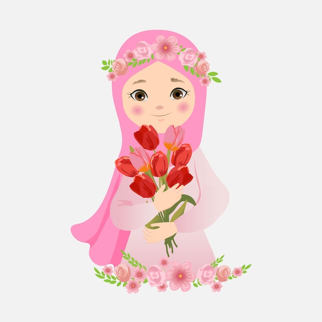 ヒジャビの女の子と花のイラスト