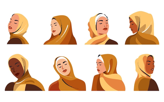 Хиджаби Женщина Портреты Векторные Иллюстрации