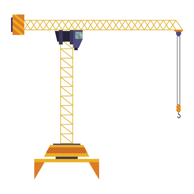 Hijskraanpictogram bouwkraan uitrusting in platte stijl gele industriële zware machine lifter doet zwaar tillen