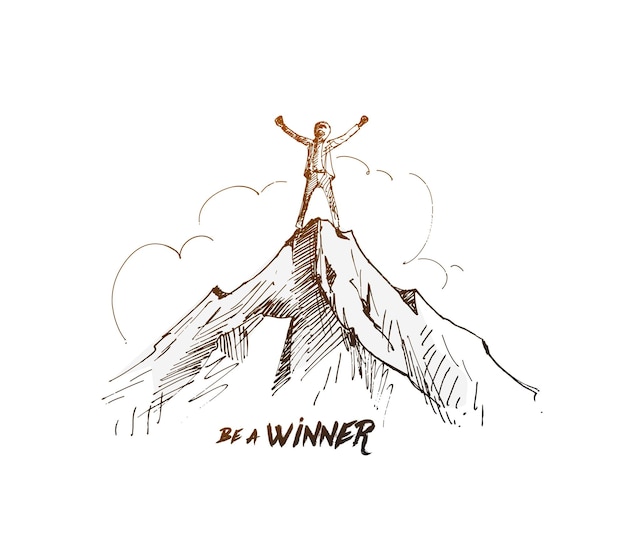 Hiker celebrating success on top of a mountain