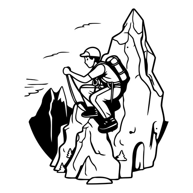 Vector hiker climbing up a rock vector illustration in cartoon style