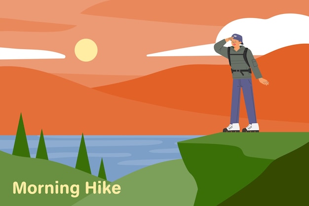 Vettore un escursionista sale in cima alla montagna e guarda l'alba.