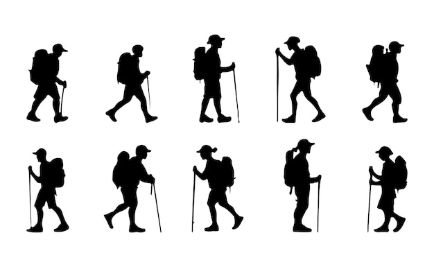 hiker clip art black flat silhouette set outline