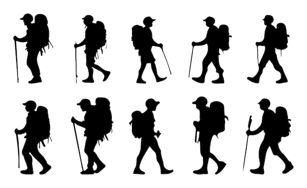 hiker clip art black flat silhouette set outline