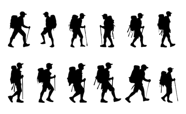 hiker clip art black flat silhouette set outline