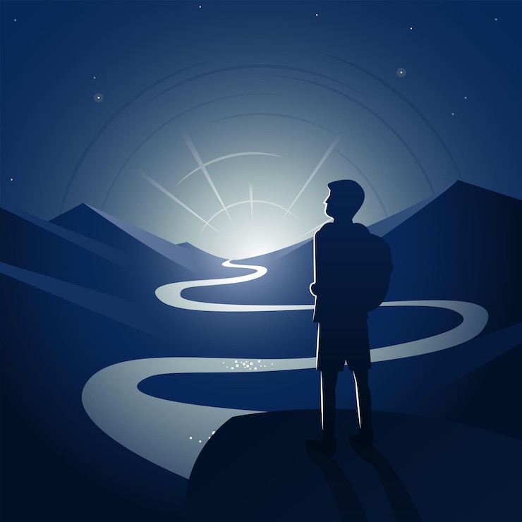 Vector hiker contemplating night landscape