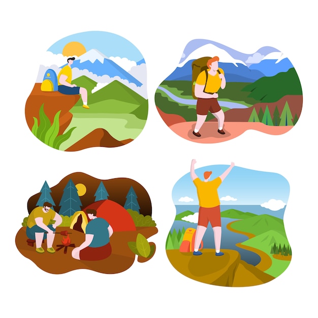 Hiker man on top of mountain beautiful view flat design illustration