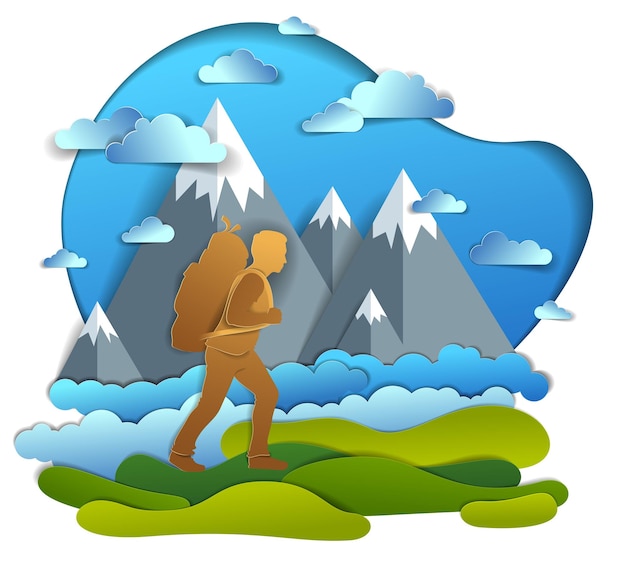 Hiker man walking through grasslands with high mountain peaks in background. vector illustration of scenic nature with hiking guy carrying backpack, climber. summer vacations.