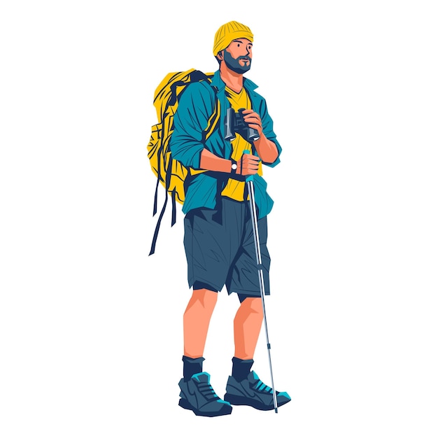 Vector hiker on mountain peak concept