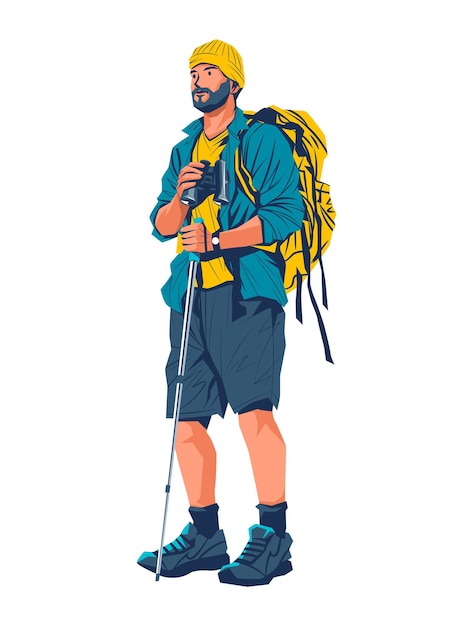 Vector hiker on mountain peak concept