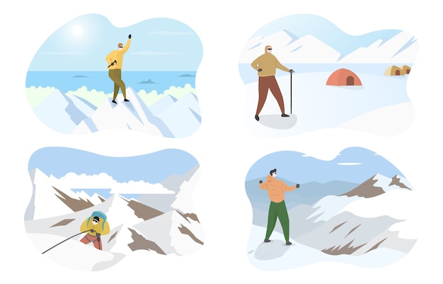 Vector hiker mountaineer man standing on top ice snow mountain flat illustration