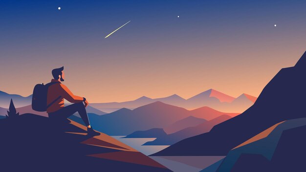 Vector a hiker rests on a mountaintop their tired legs dangling over the edge as they take in the