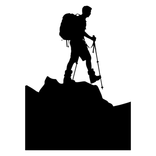 Vector hiker silhouette trekking uphill with stick illustration