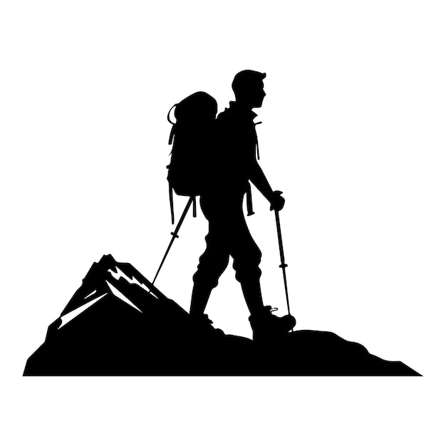 hiker silhouette trekking uphill with stick