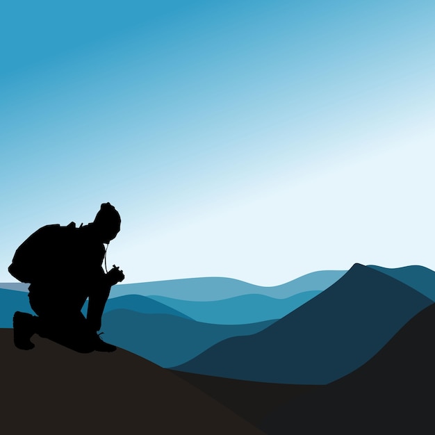 Hiker in silhouette vector. Man on top of the mountain at sunrise