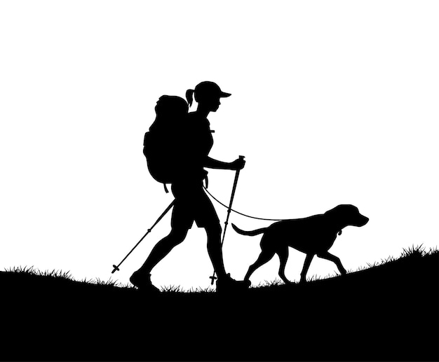 Hiker Walking with Dog Silhouette Vector Template