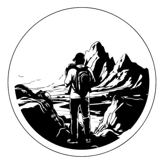 Vector hiker with backpack on a background of mountains vector illustration