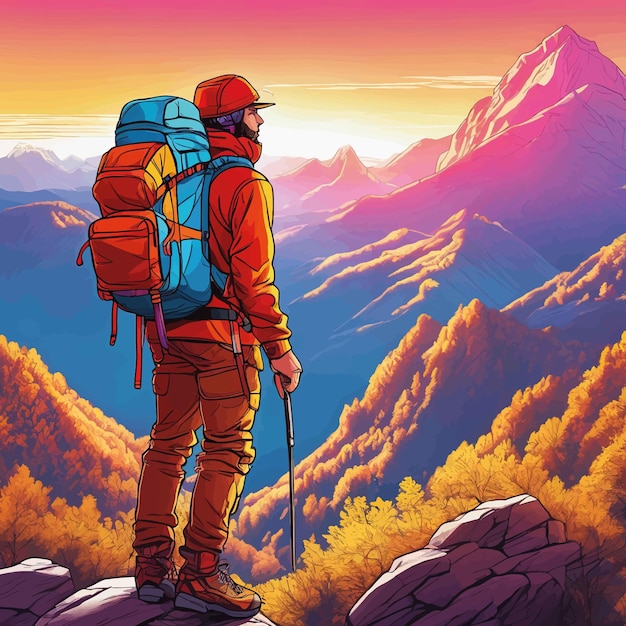 Vettore escursionista con zaino e montagna escursioni in montagna al tramontoescursionista con zaino e montagna