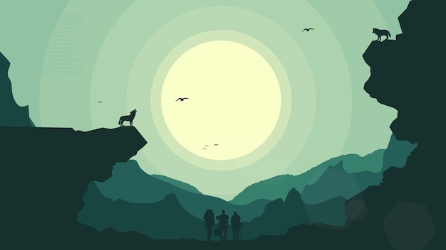 Vector hikers in the mountains with backpack silhouette of a person in the mountains hiker silhouette