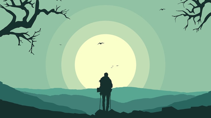 Vector hikers in the mountains with backpack silhouette of a person in the mountains hiking silhouette