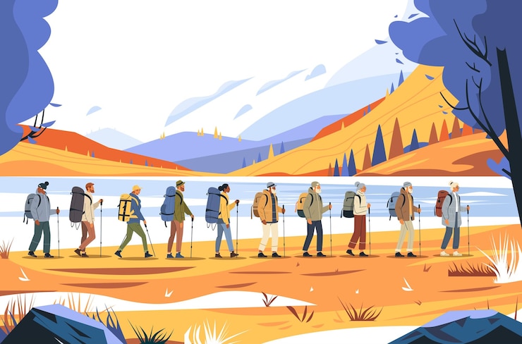 Vector hikers trekking mountain landscape group outdoor adventure scenic nature autumn colors hills trees backpacks walking sticks blue sky