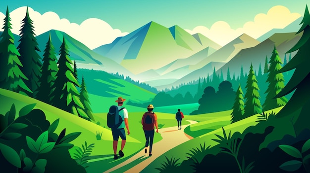 Hikers Walking on Mountain Trail in Summer