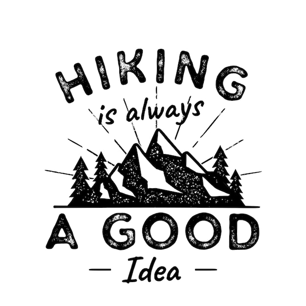 Hiking Adventure Logo illustratie. Wandelen is een goed idee. Met bergen, bomen, zonnestralen.