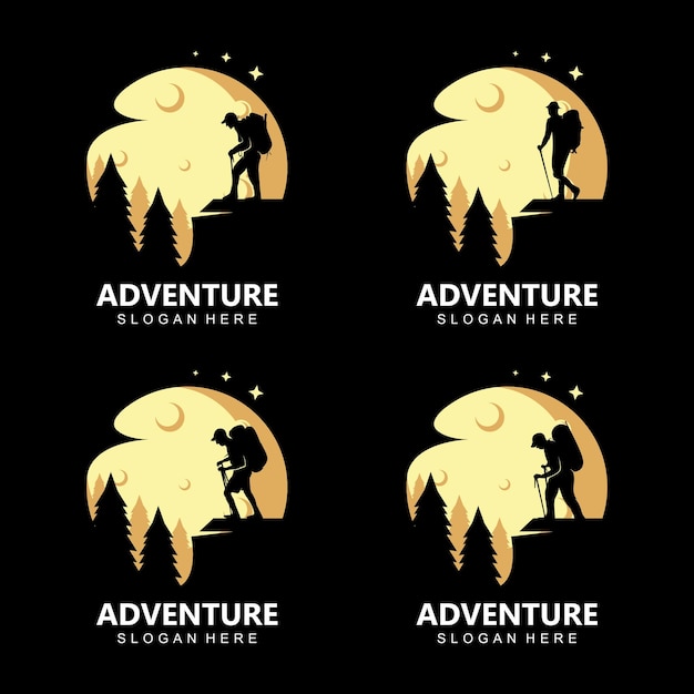 Hiking adventure silhouette logo concept on the moo