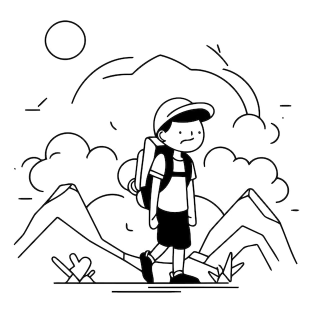 벡터 산 에서 배 과 모자 를 들고 산책 하는 소년