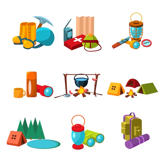 Hiking and camping icons set