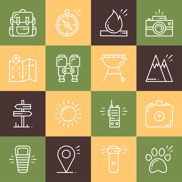 Hiking and camping icons set