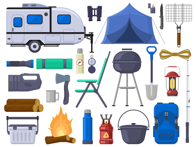 Vector hiking camping outdoor adventure tourist elements. nature adventure tent, mobile home, grill, campfire, binoculars vector illustration set. outdoor camping equipment