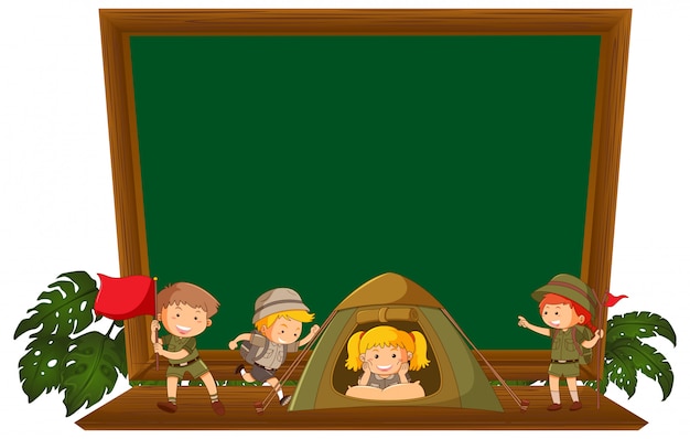 Hiking children on blackboard