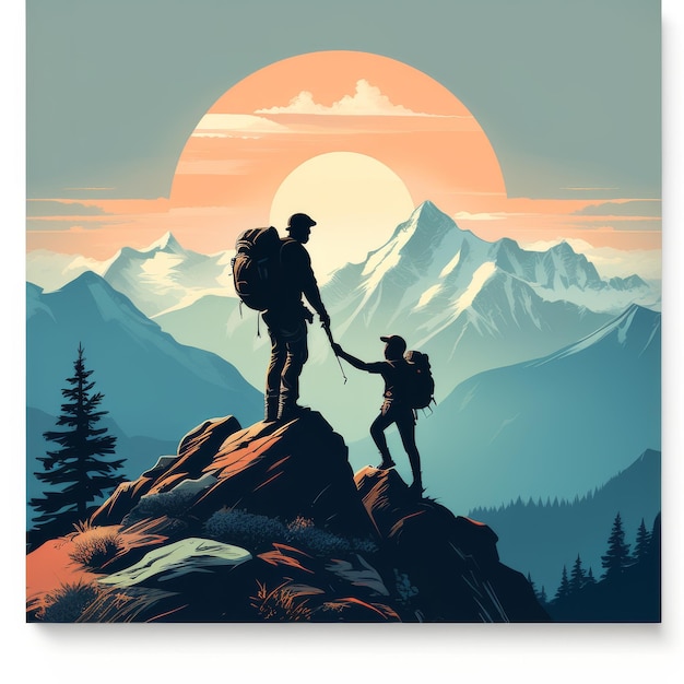 hiking couple with backpack hiking in the forest vector illustration of a couple hiking on the