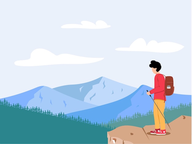 Hiking flat illustration young people in mountain