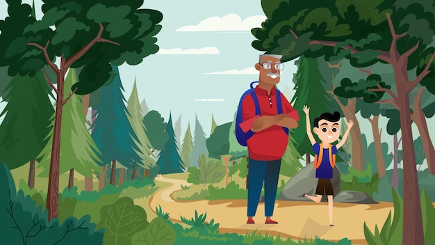 Hiking in the forest concept with people scene in the background cartoon style