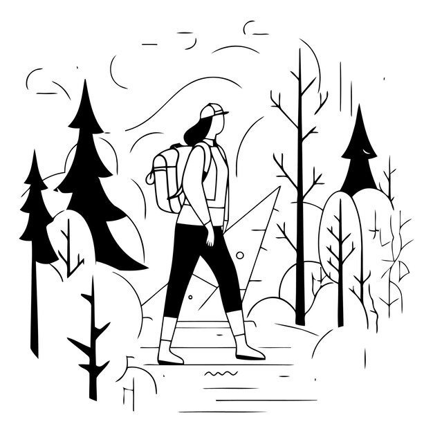 Vector hiking in the forest in a flat style