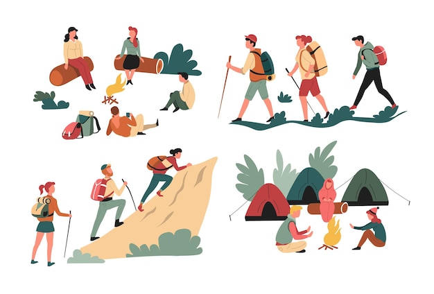 Vettore escursionismo amici zaino in spalla e campeggio montagne e personaggi isolati nella foresta
