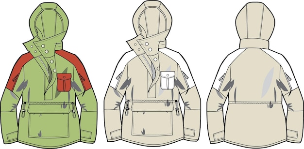 Туристическая женская куртка с капюшоном спереди и сзади, плоский эскиз, технический рисунок, векторный шаблон иллюстрации