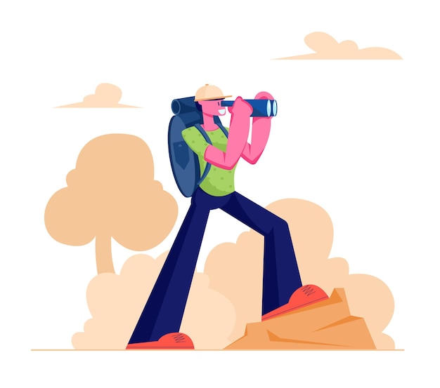 Hiking Man Conducting Active Lifestyle Trekking with Binocular and Backpack Walking in Mountains or Hills, Cartoon Flat  Illustration