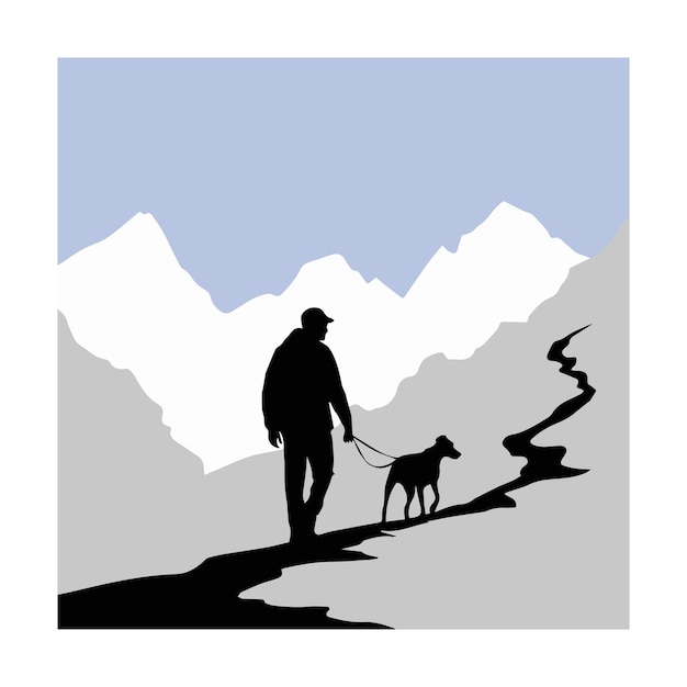hiking man and his dog silhouette vector