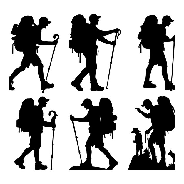 Hiking man silhouette set