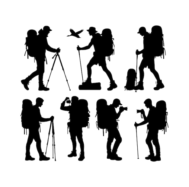 Hiking man vector silhouette set hiker silhouettes hiker with backpack vector silhouette