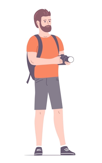 Hiking man with a camera on white background