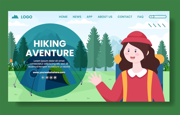 Hiking mountain social media landing page template flat cartoon background vector illustration